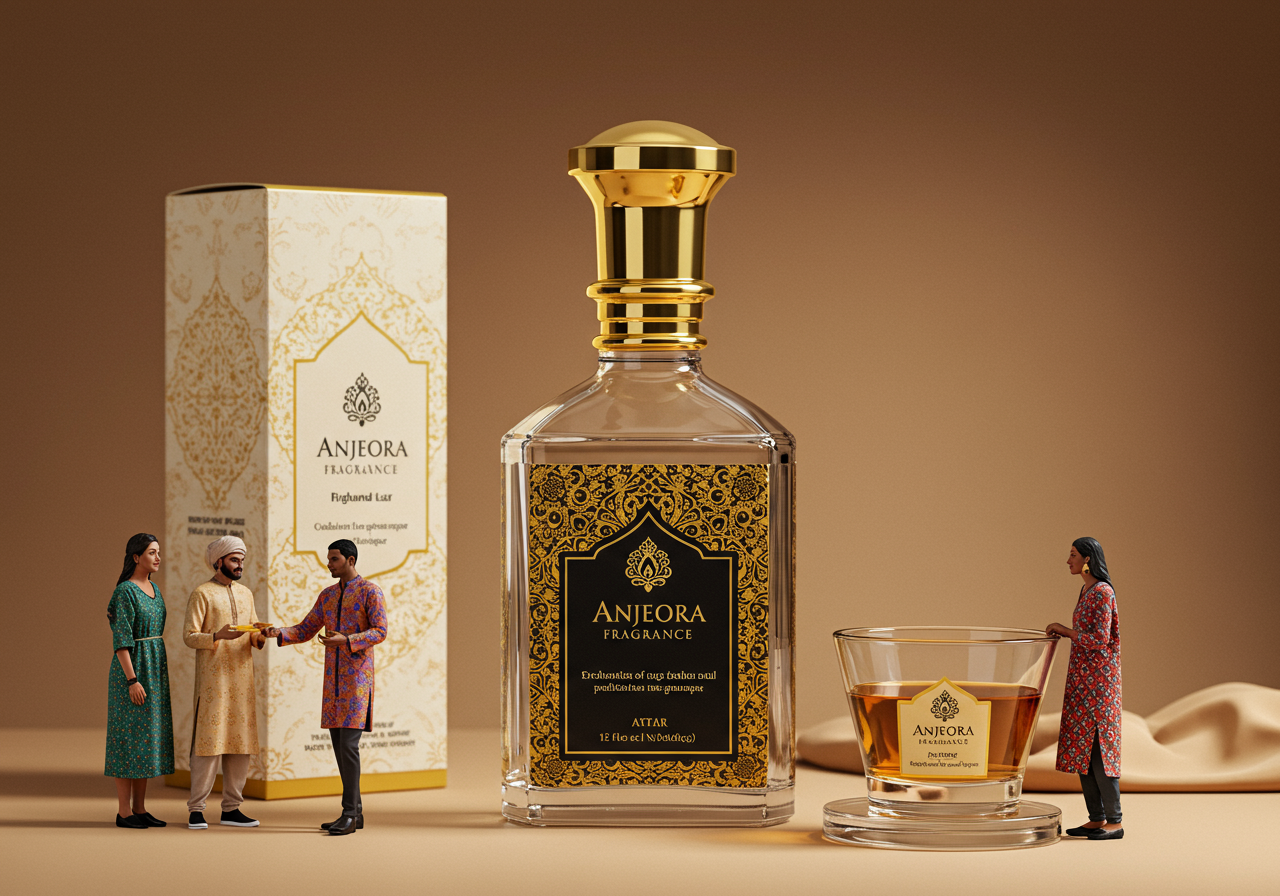 High-end attar bottle with ornate design, traditional craftsmanship and gold accents
