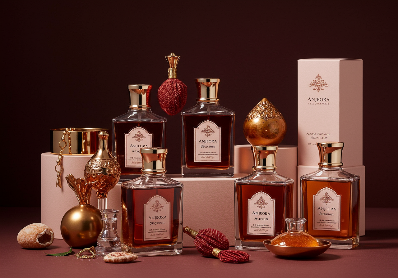 Luxury attar collection with multiple bottles in deep amber and rose gold tones