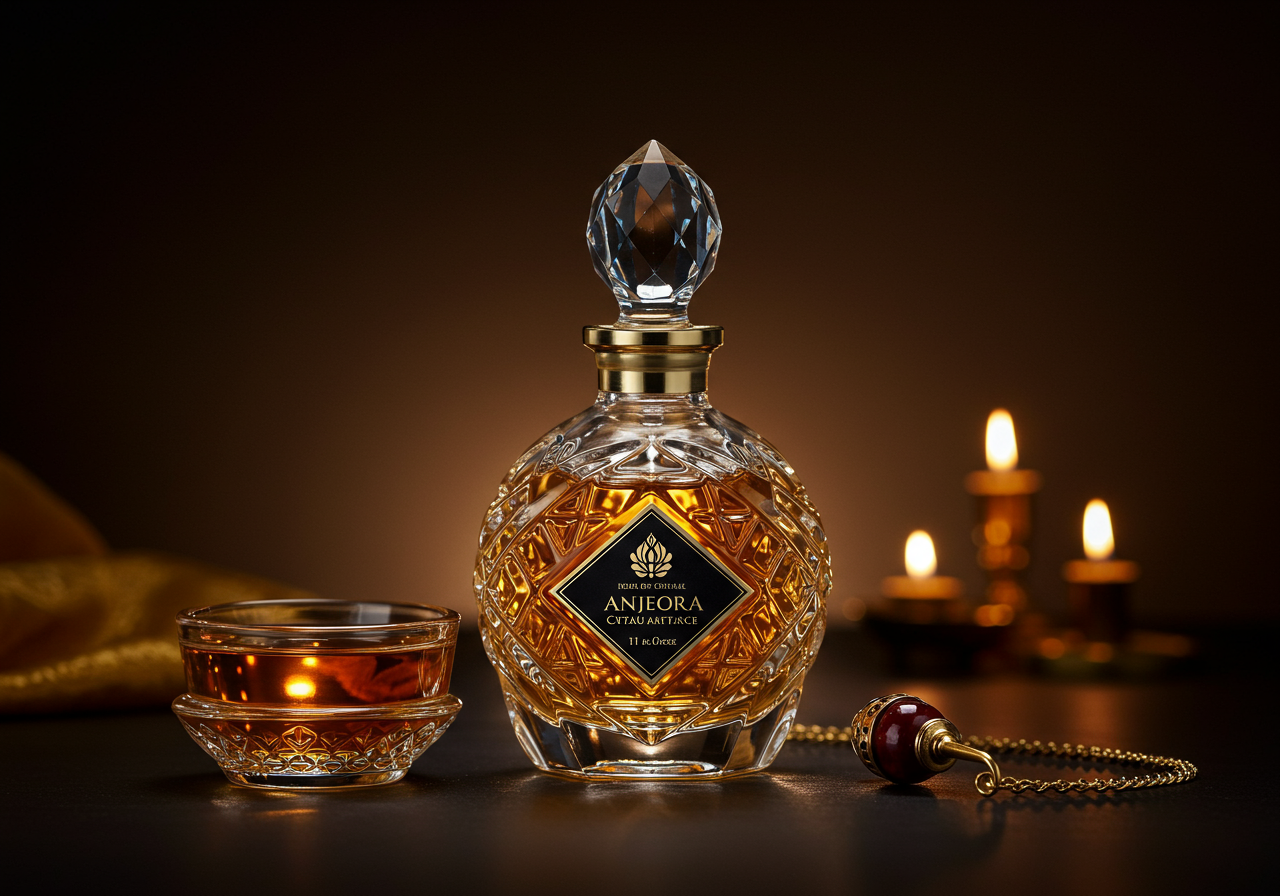Single premium attar bottle with carved crystal design and ornamental stopper