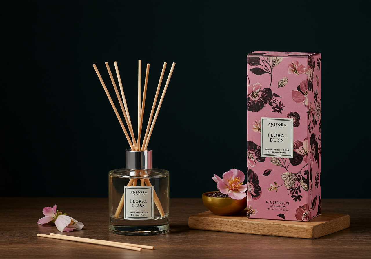 Floral Bliss reed diffuser — elegant home fragrance with wooden reeds