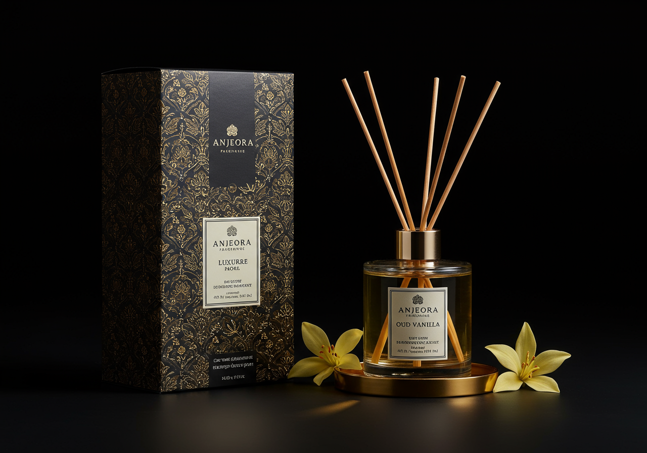 Oud and Vanilla reed diffuser — luxury home fragrance glass vessel