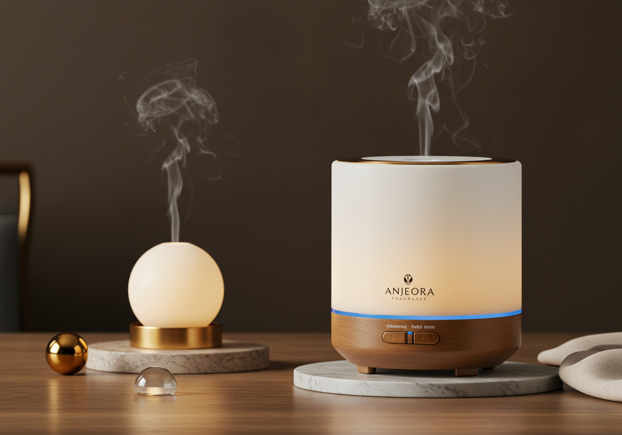 Premium ultrasonic diffuser with modern elegant design and aromatic mist visible