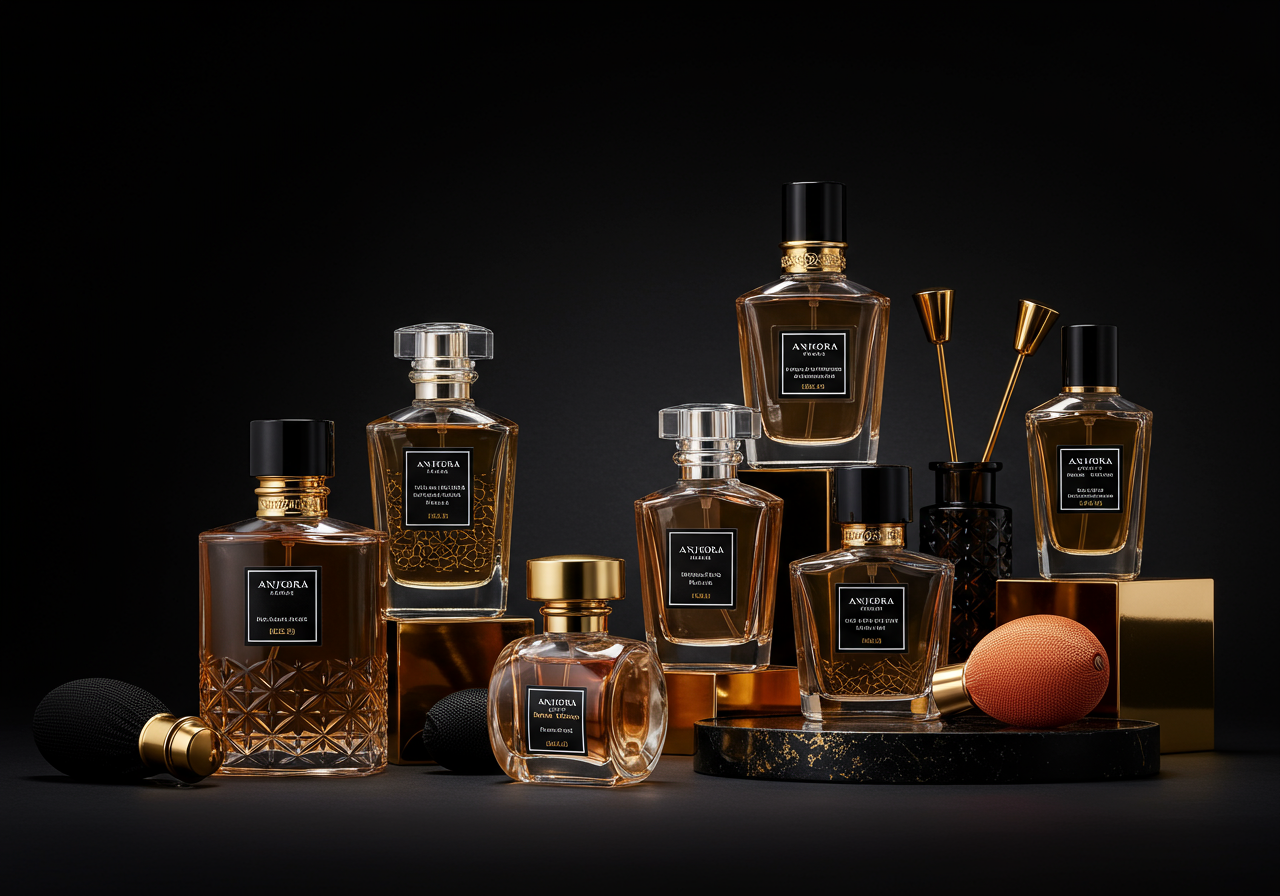 Elegant collection of Anjeora fragrance bottles on dark background