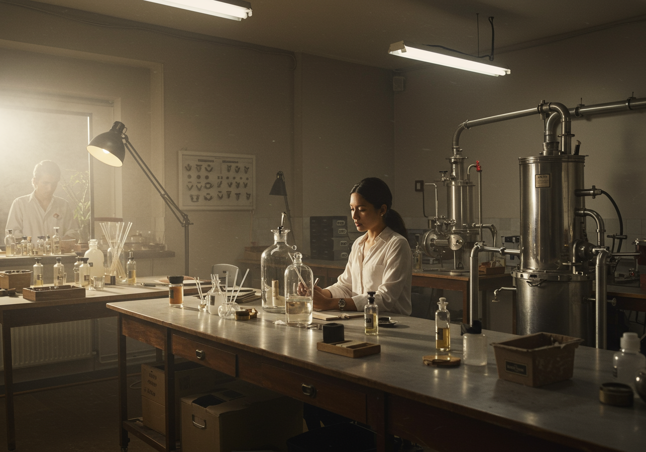 Anjeora fragrance studio — bottles and artisan production space