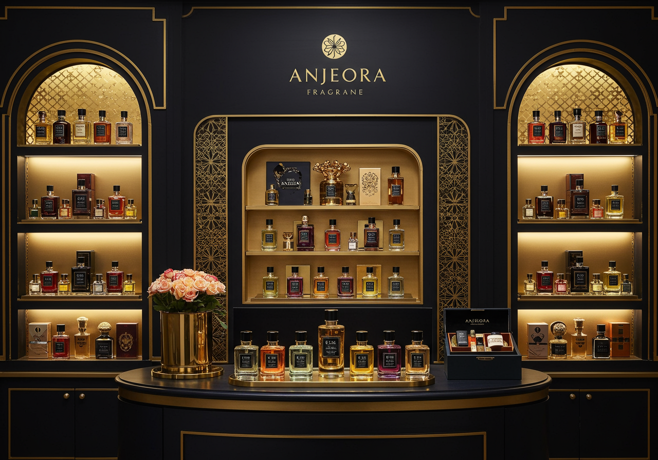 Elegant display of Anjeora fragrance collection — all product categories arranged in luxury styling against dark sophisticated background