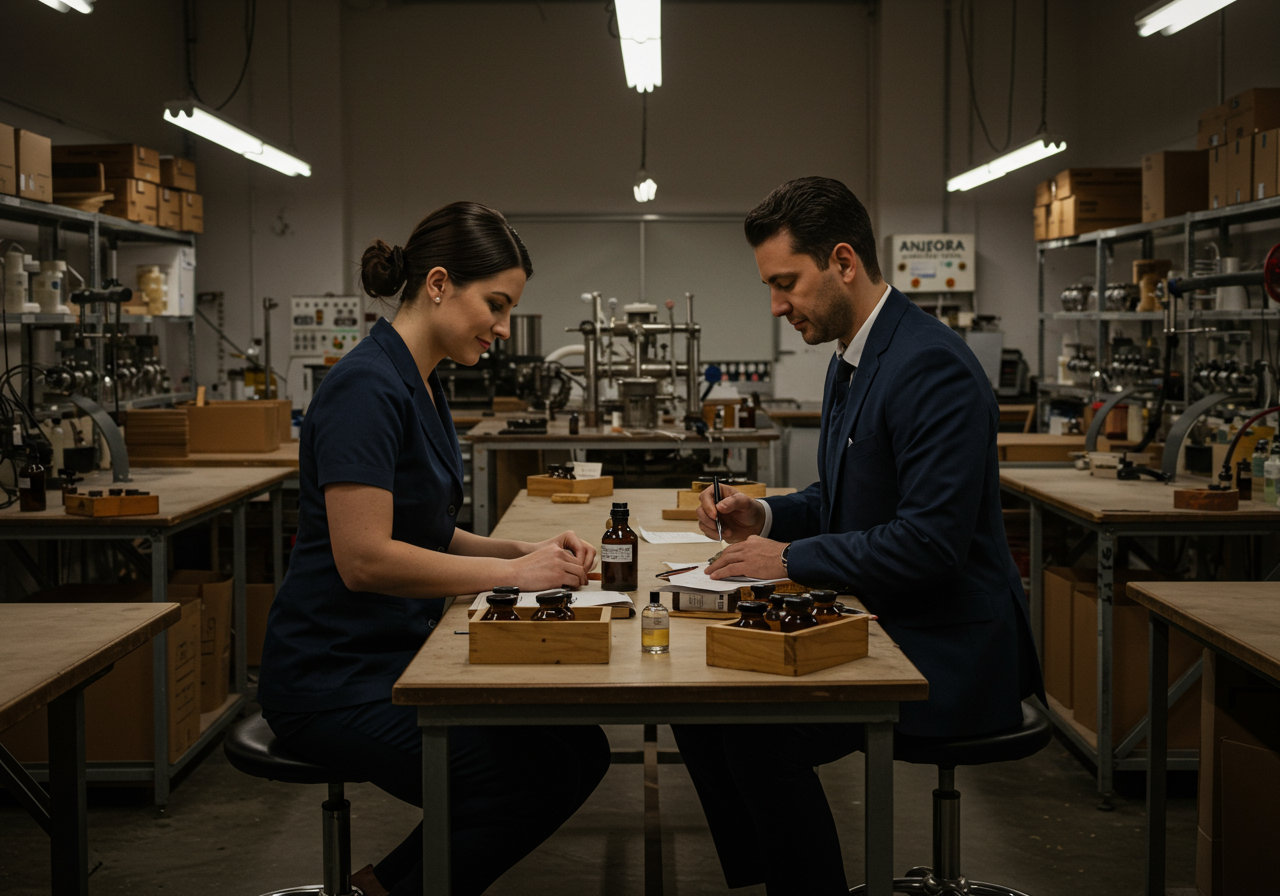 Premium fragrance workshop showing artisanal craftsmanship and luxury production process