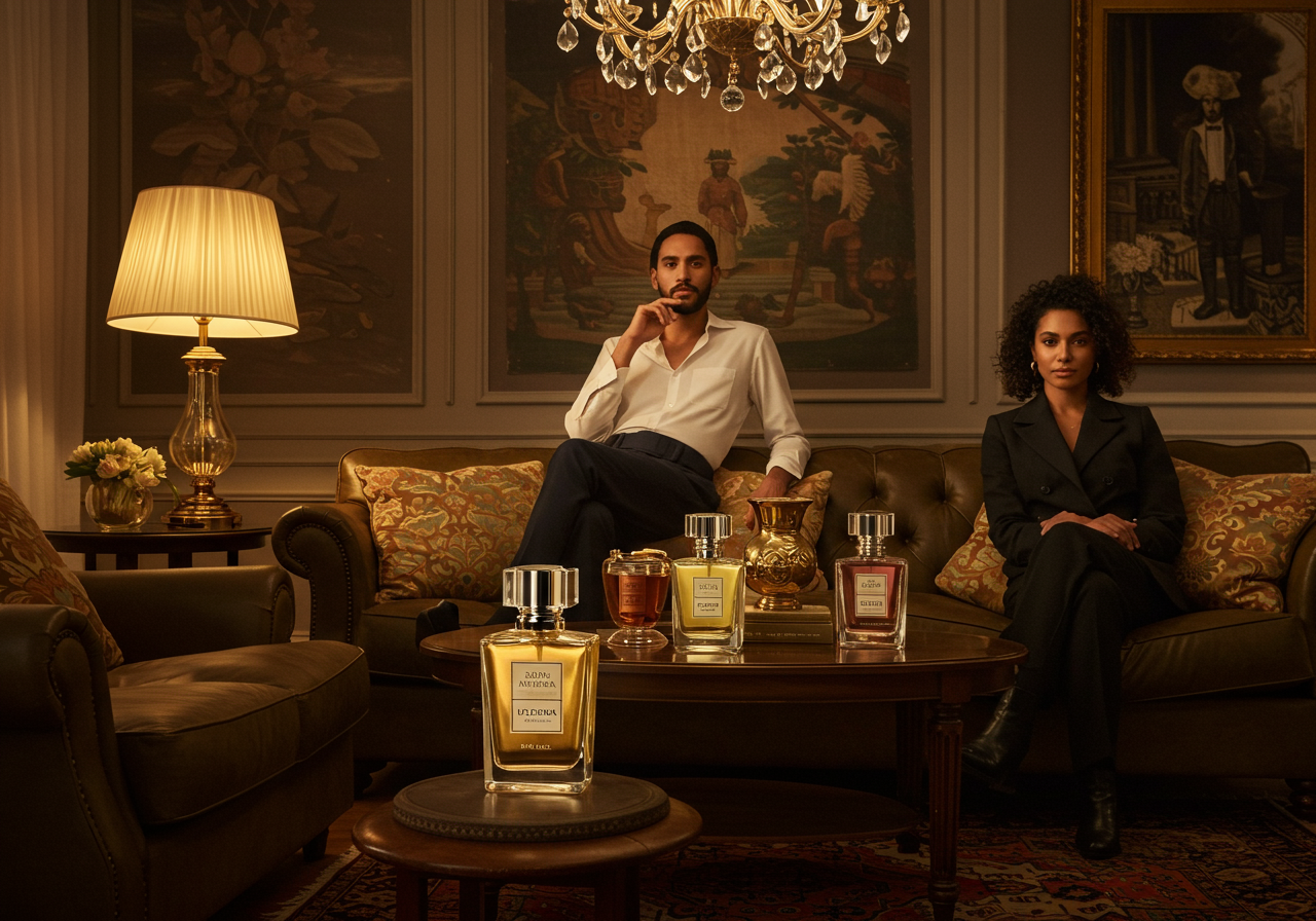 Luxury brand lifestyle imagery — fragrance products in elegant home setting with golden ambiance