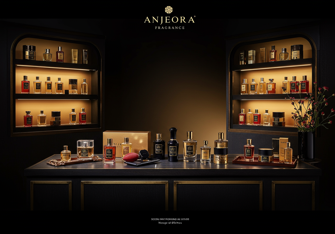 Premium Anjeora fragrance display with warm ambient lighting