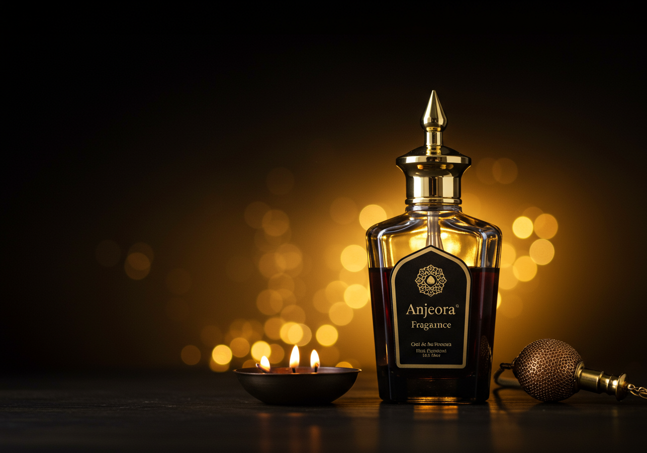 Luxury attar fragrance bottles in warm gold lighting