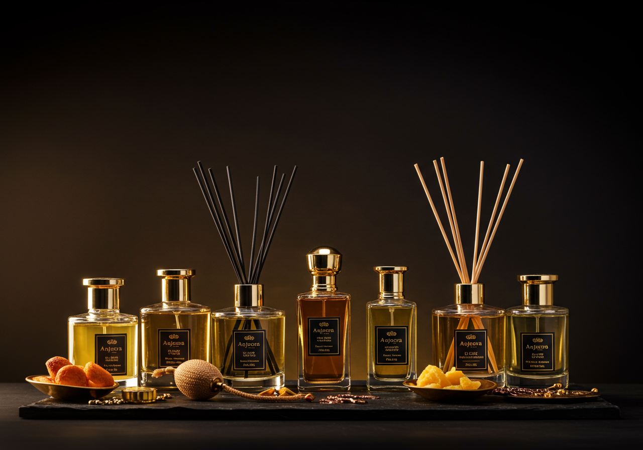 Luxury fragrance bottles arranged on dark background with golden light