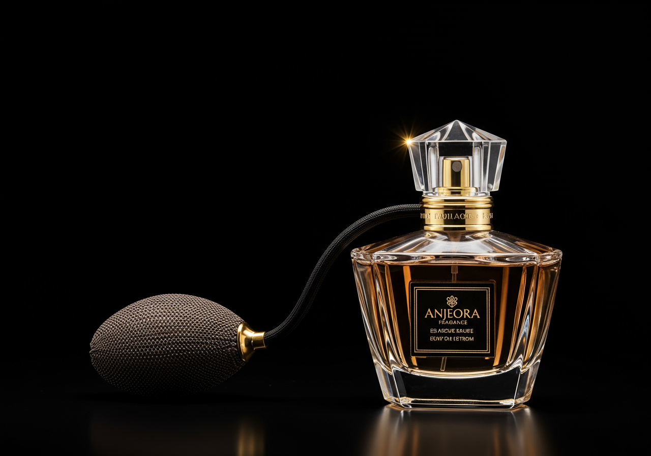 Modern luxury perfume bottle with sleek geometric design, dark glass and gold atomizer