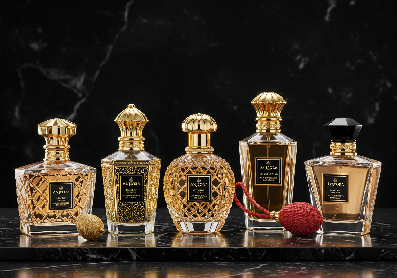 High-end perfume bottle collection in warm candlelit ambiance