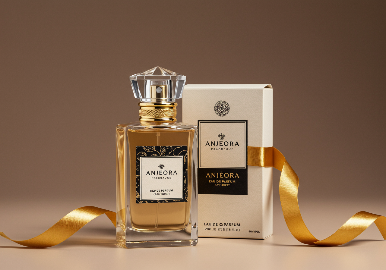 Luxury perfume bottle with matte black finish and gold accents, sophisticated minimal styling