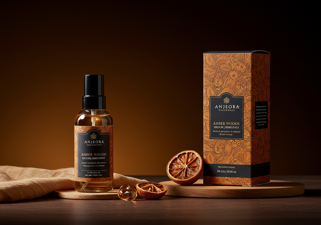 Amber Woods room spray — warm amber-toned luxury cosmetic photography