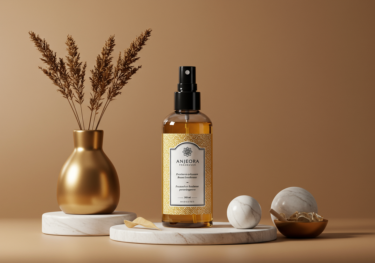 Premium room freshener spray bottle with elegant label design