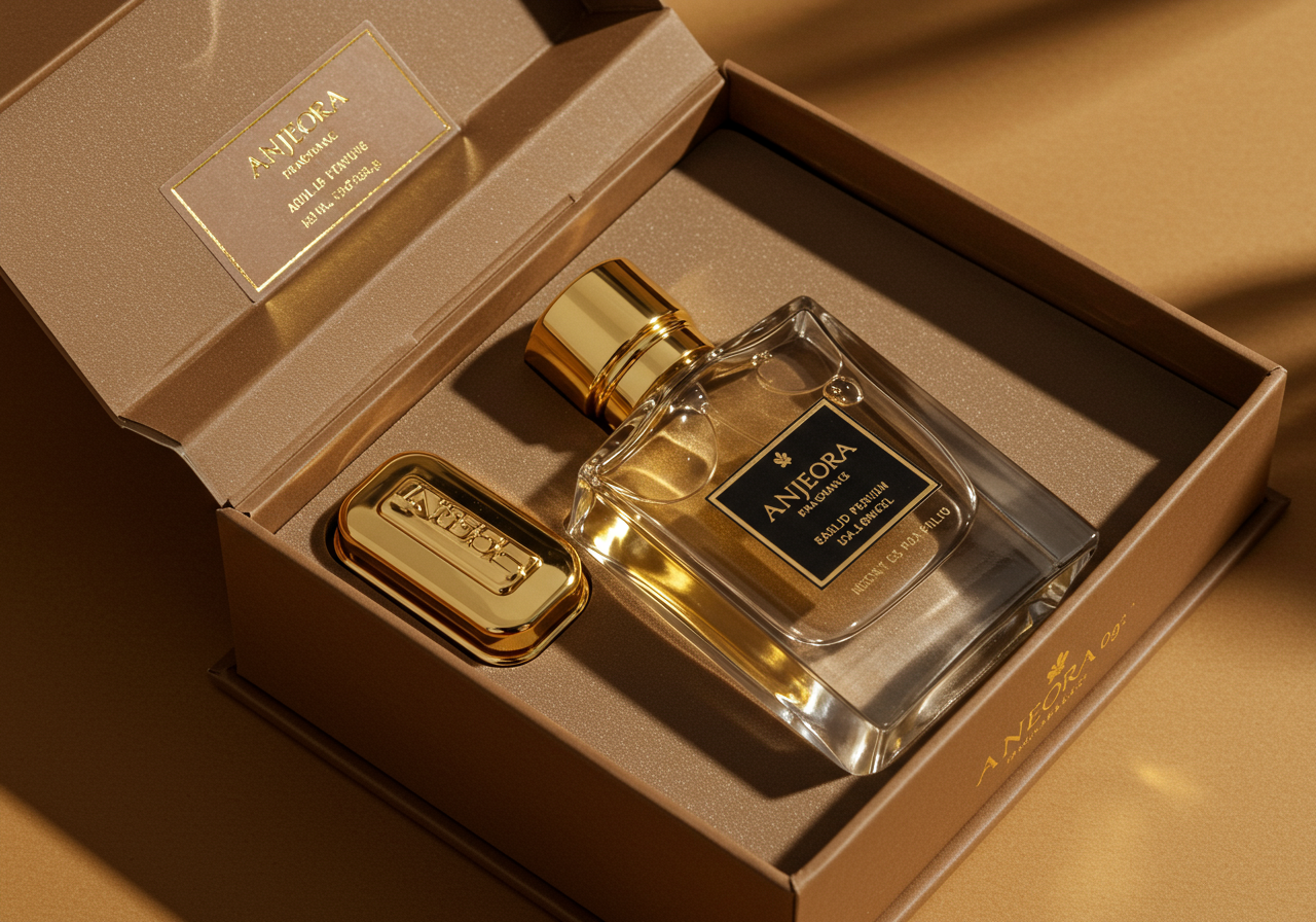 Anjeora luxury fragrance packaging detail — gold accents premium unboxing aesthetic